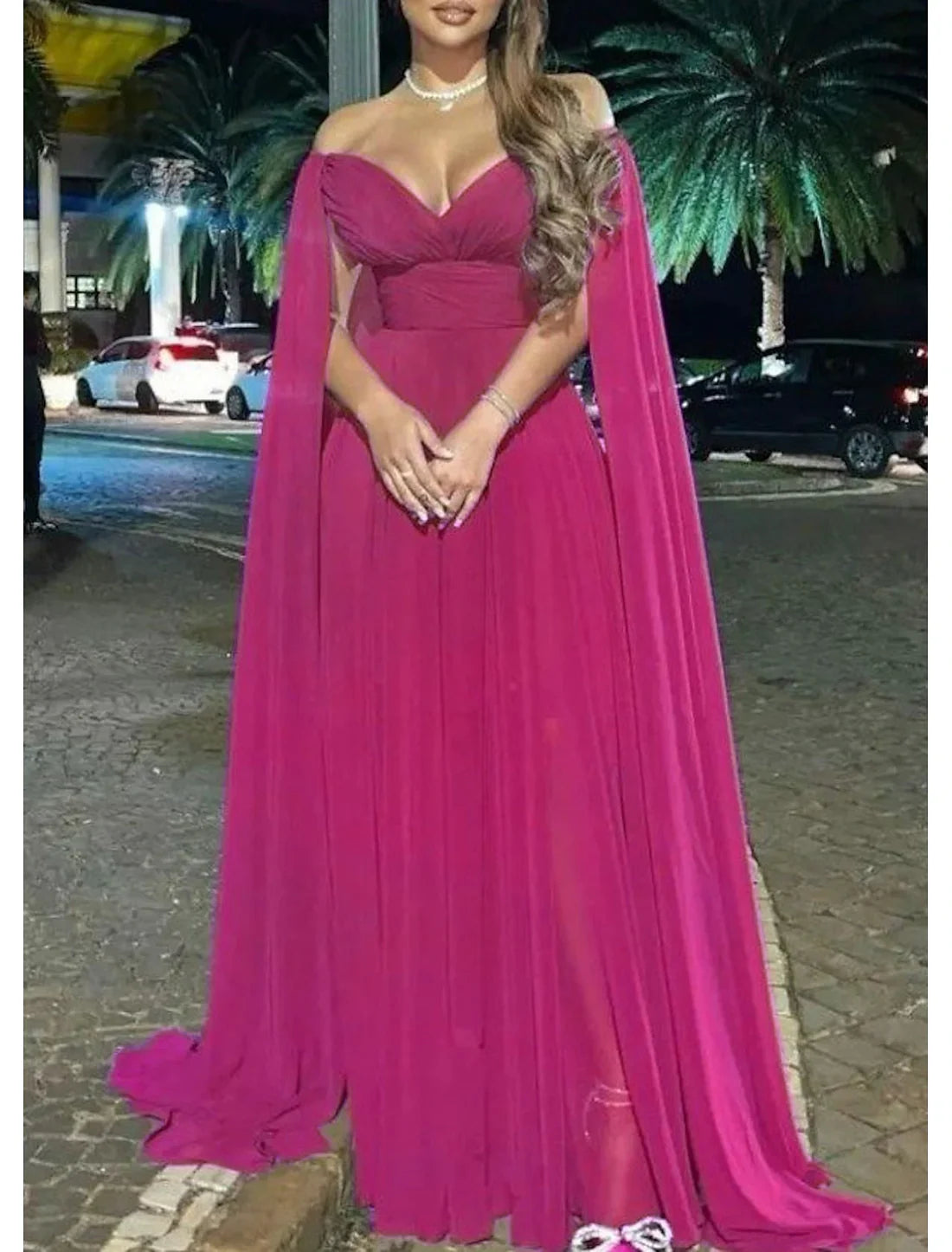 Luolandi A-Line Evening Gown Elegant Dress Formal Wedding Party Sweep / Brush Train Sleeveless Off Shoulder Capes Chiffon with Pleats Solid Color
